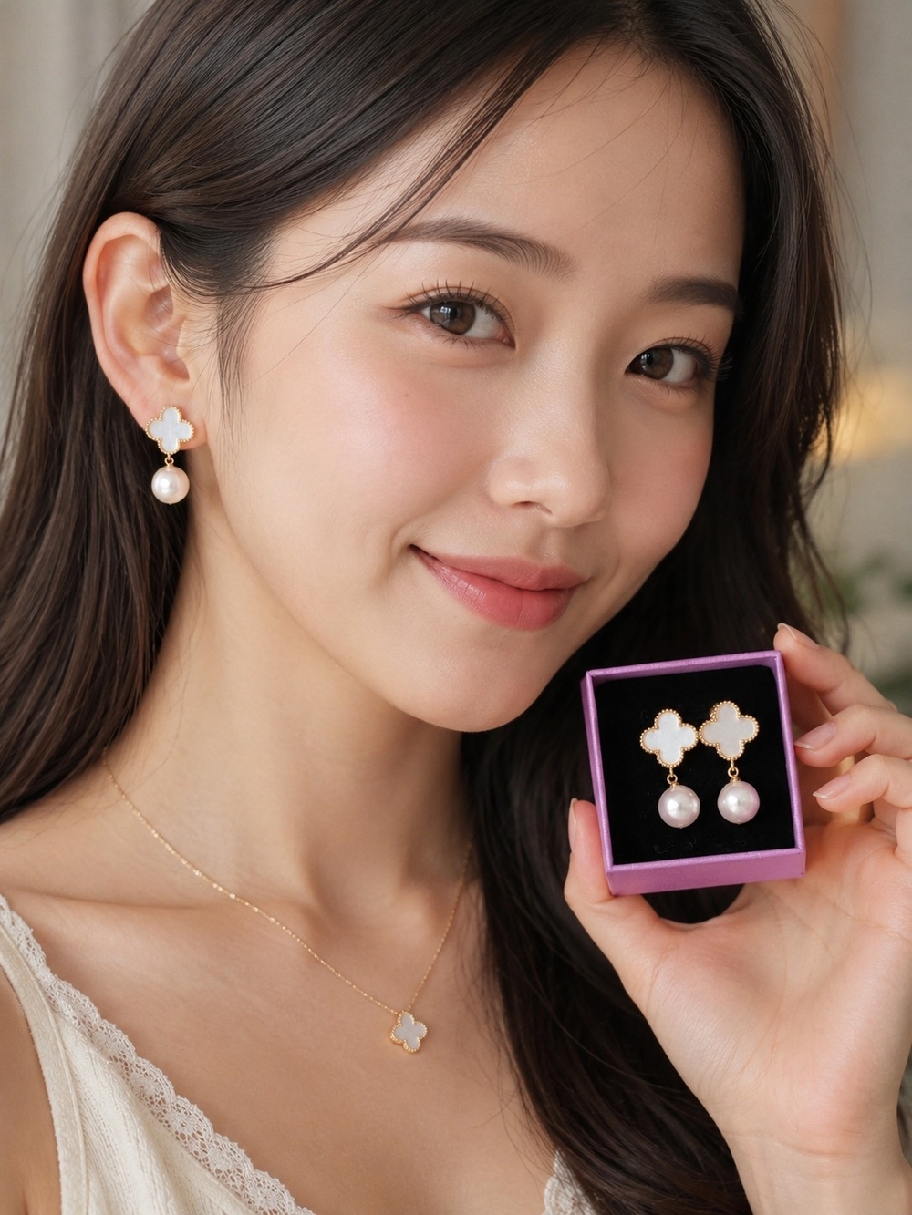 Elegant Pearl Drop Clover Earrings - White & Gold Van Cleef